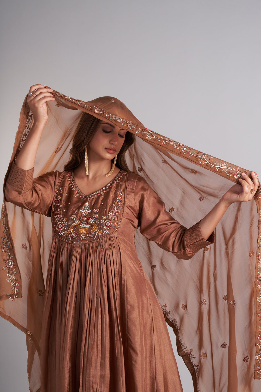 Brown Colour Anarkali Flared Kurta with Palazzo and Dupatta in Viscose Silk