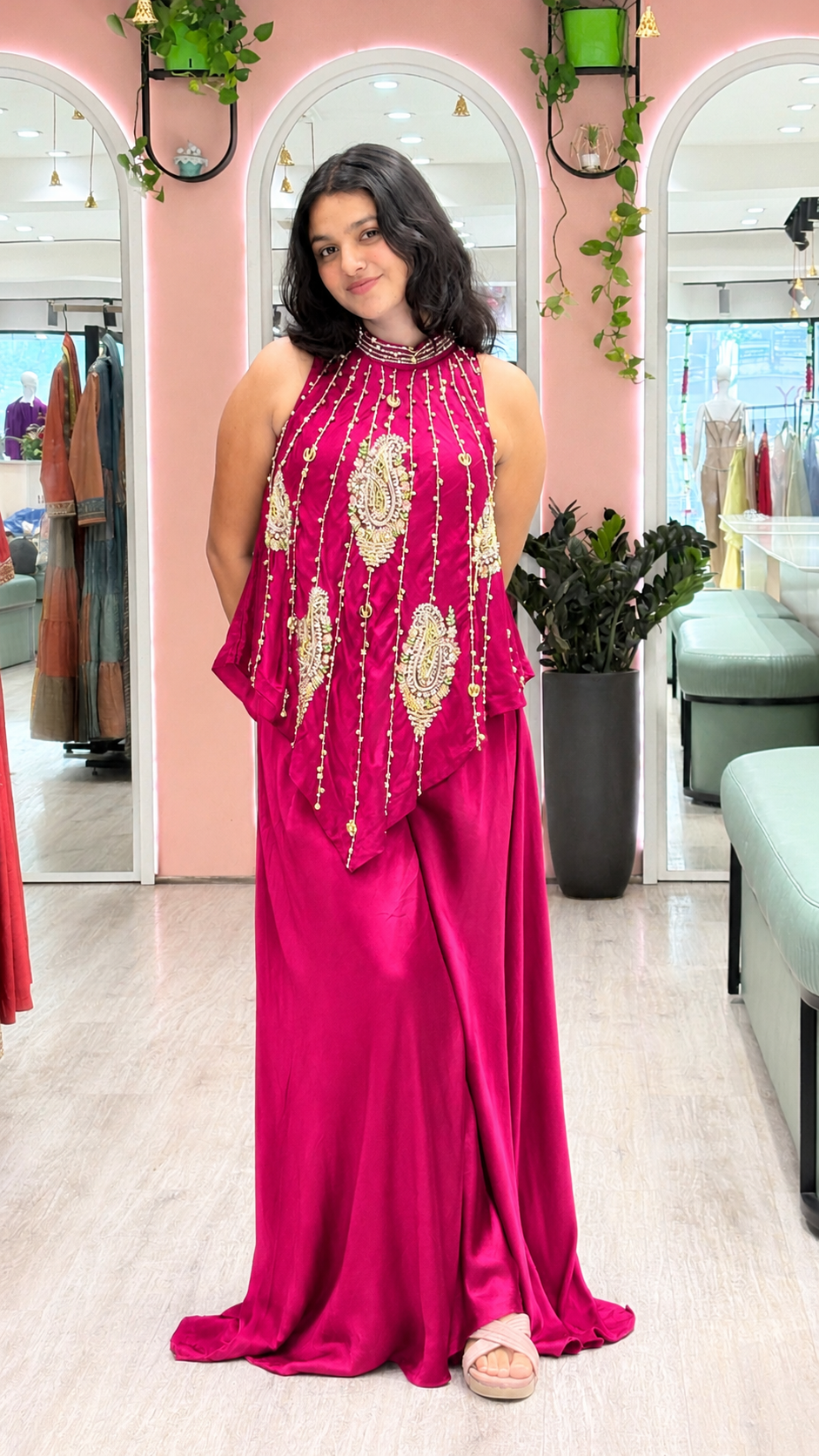 Royal Blue Satin Gown with Golden Embellished Halter Neck