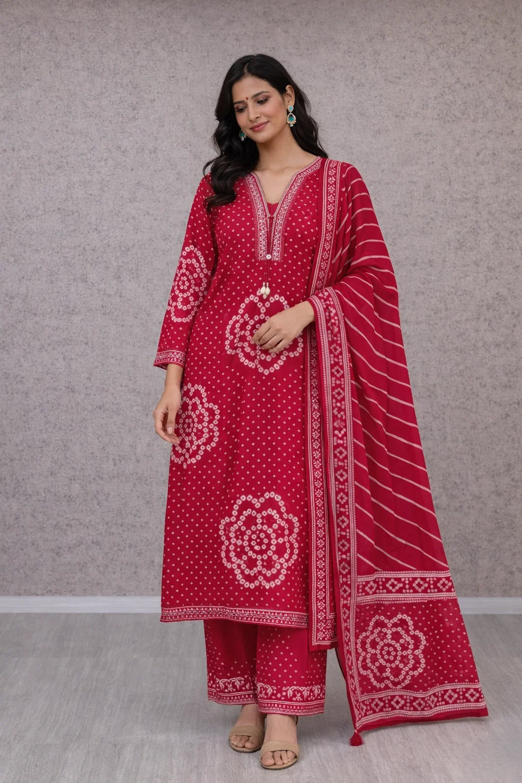 Woman wearing a red traditional outfit with white patterns on a gray background