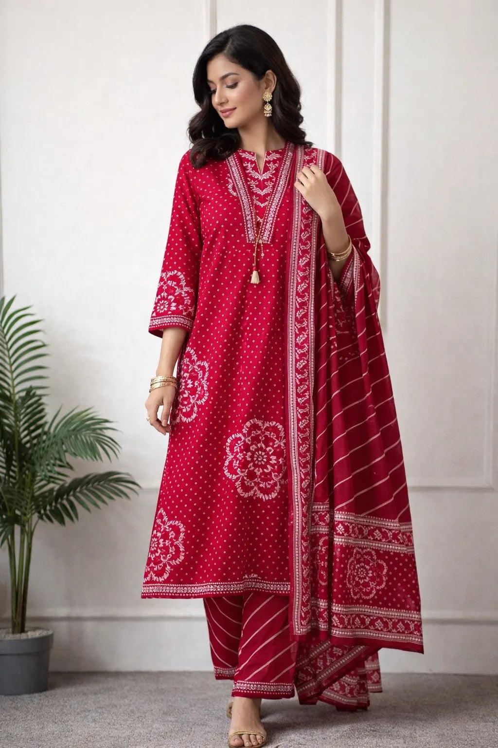 Woman wearing a red traditional outfit with white patterns in a minimalistic setting.