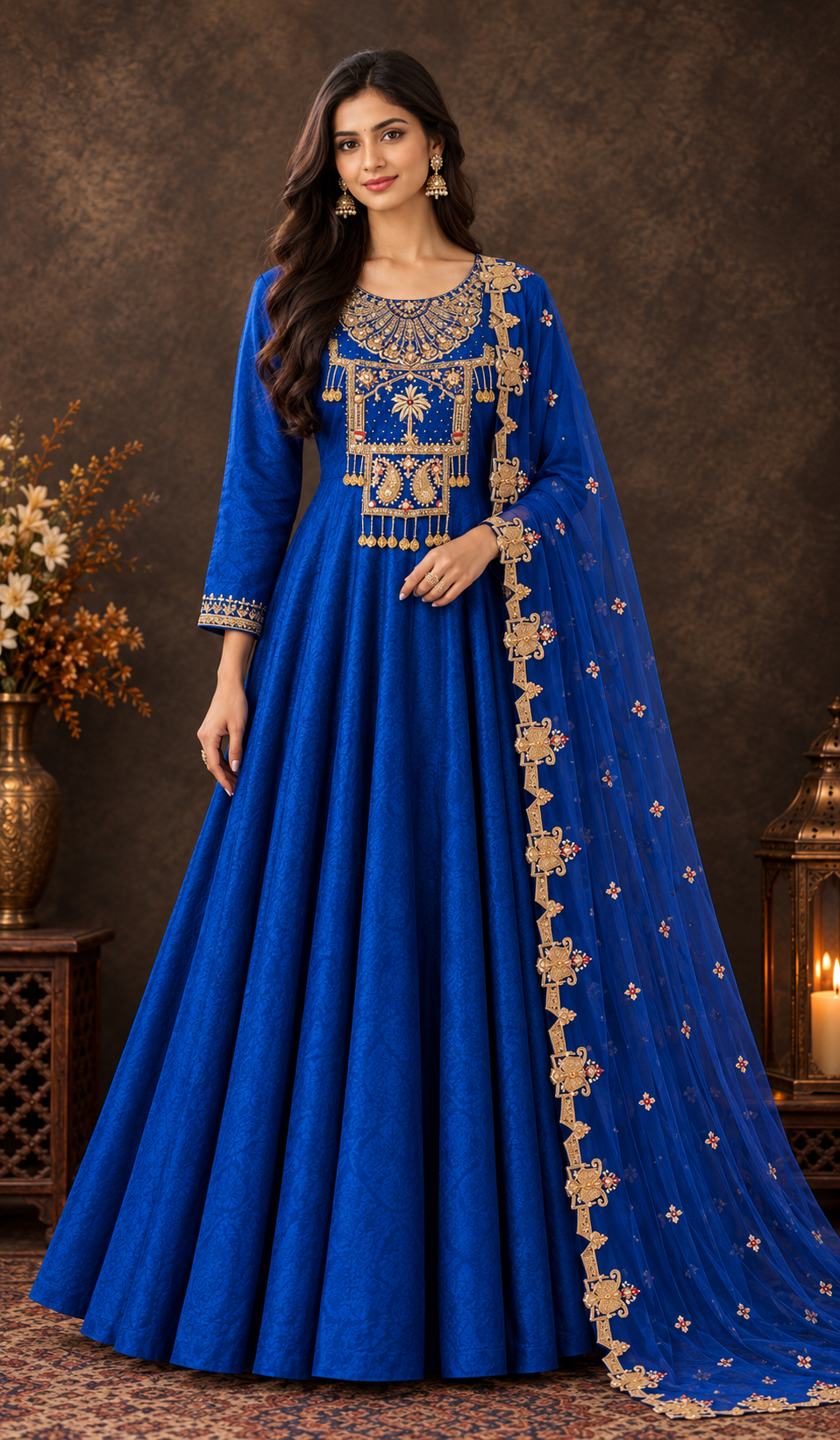 Royal Blue Embroidered Anarkali Gown with Dupatta
