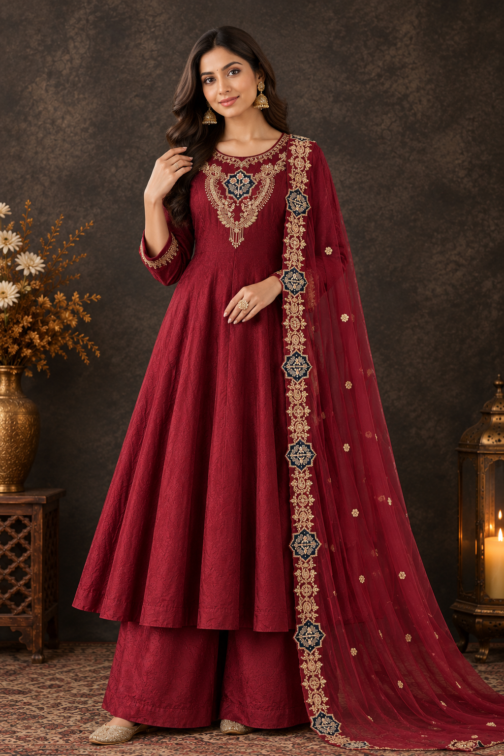 Elegant Maroon Anarkali Suit Set with Golden Embroidered Dupatta