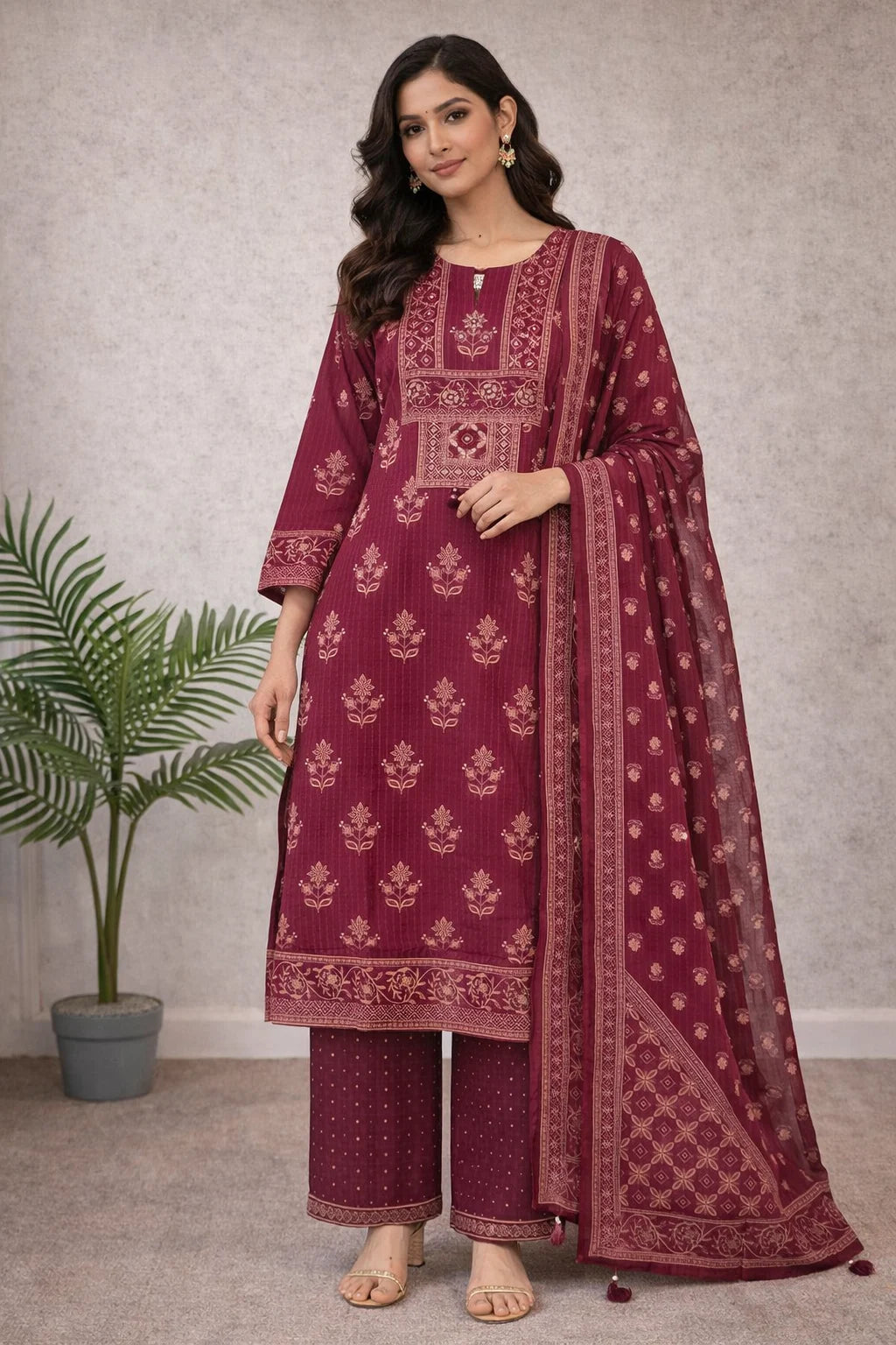 Woman wearing a maroon traditional outfit with floral patterns against a neutral background