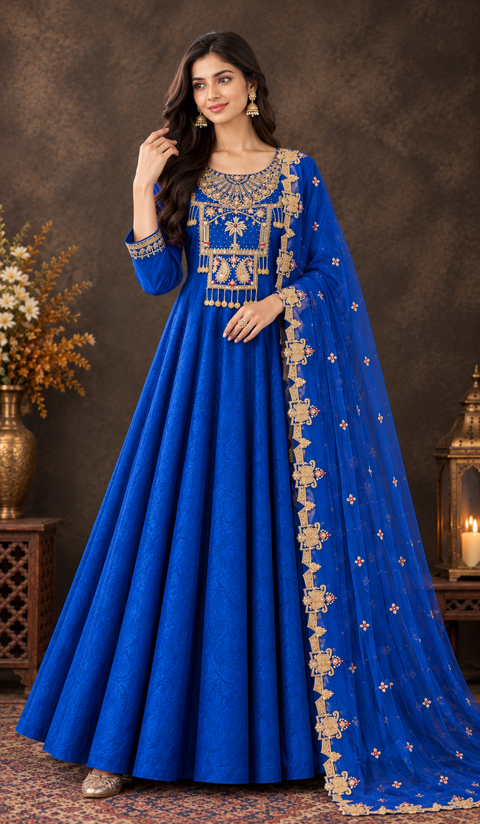 Royal Blue Embroidered Anarkali Gown with Dupatta