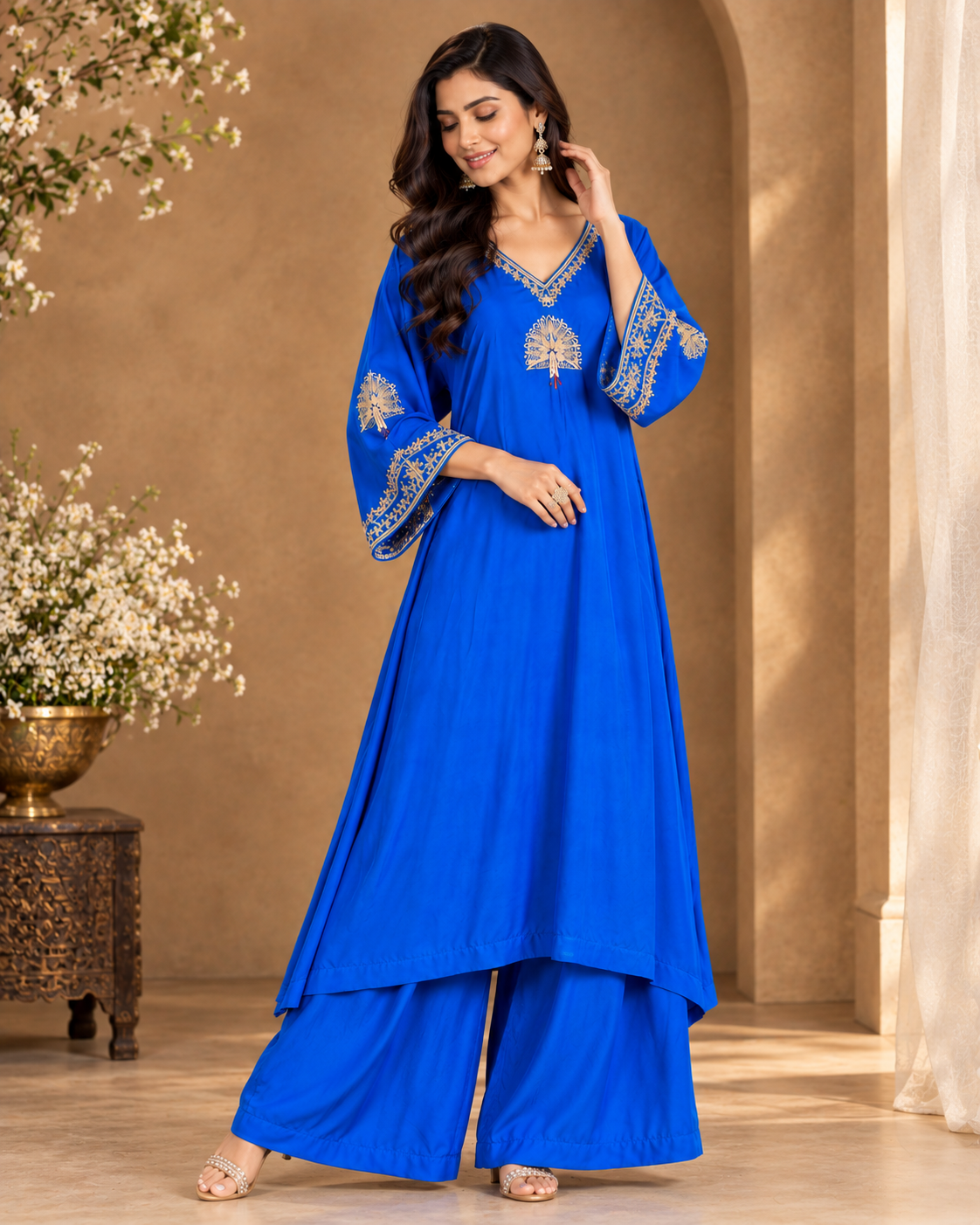 Royal Blue Embroidered Kurta Palazzo Set