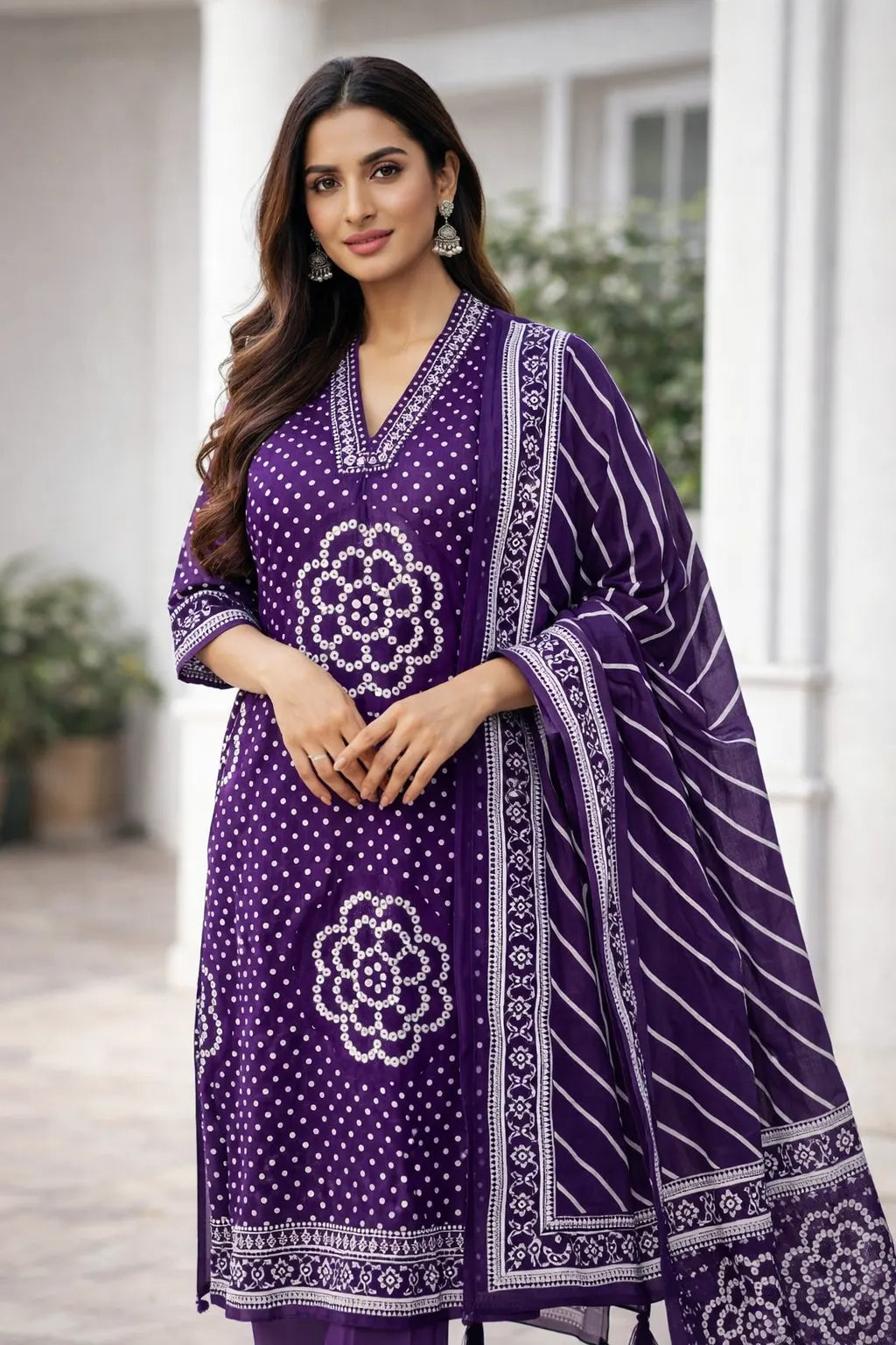 Woman wearing a purple traditional outfit with floral patterns outdoors.
