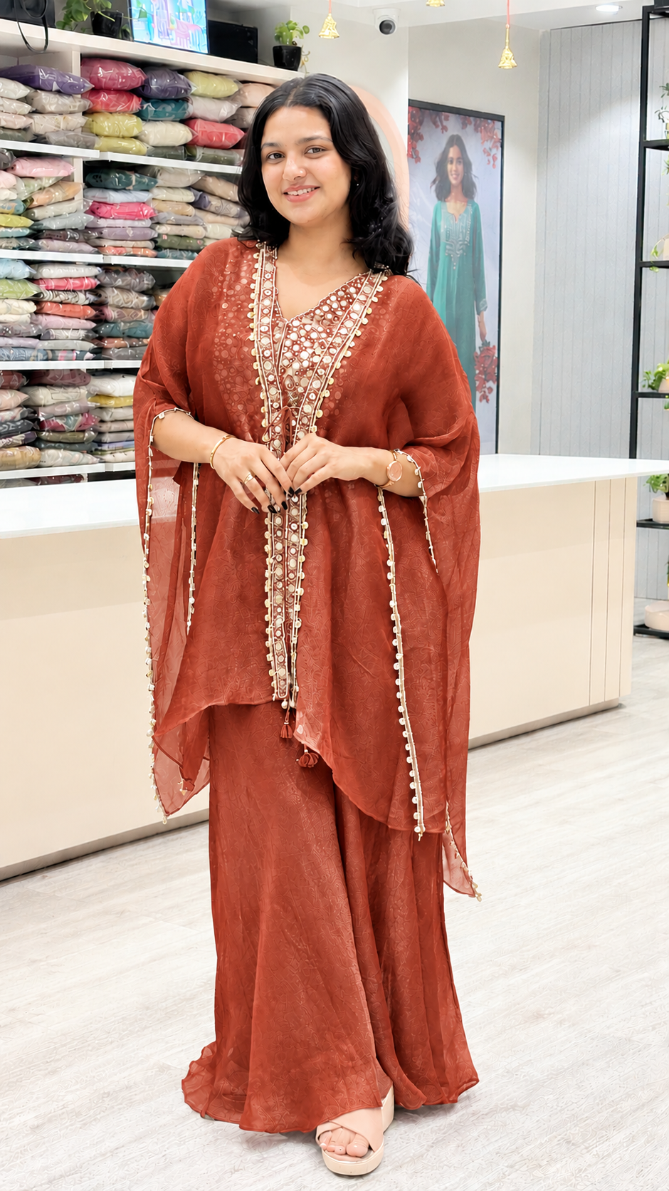 Elegant Rose Pink Palazzo Suit Set with Embellished Cape