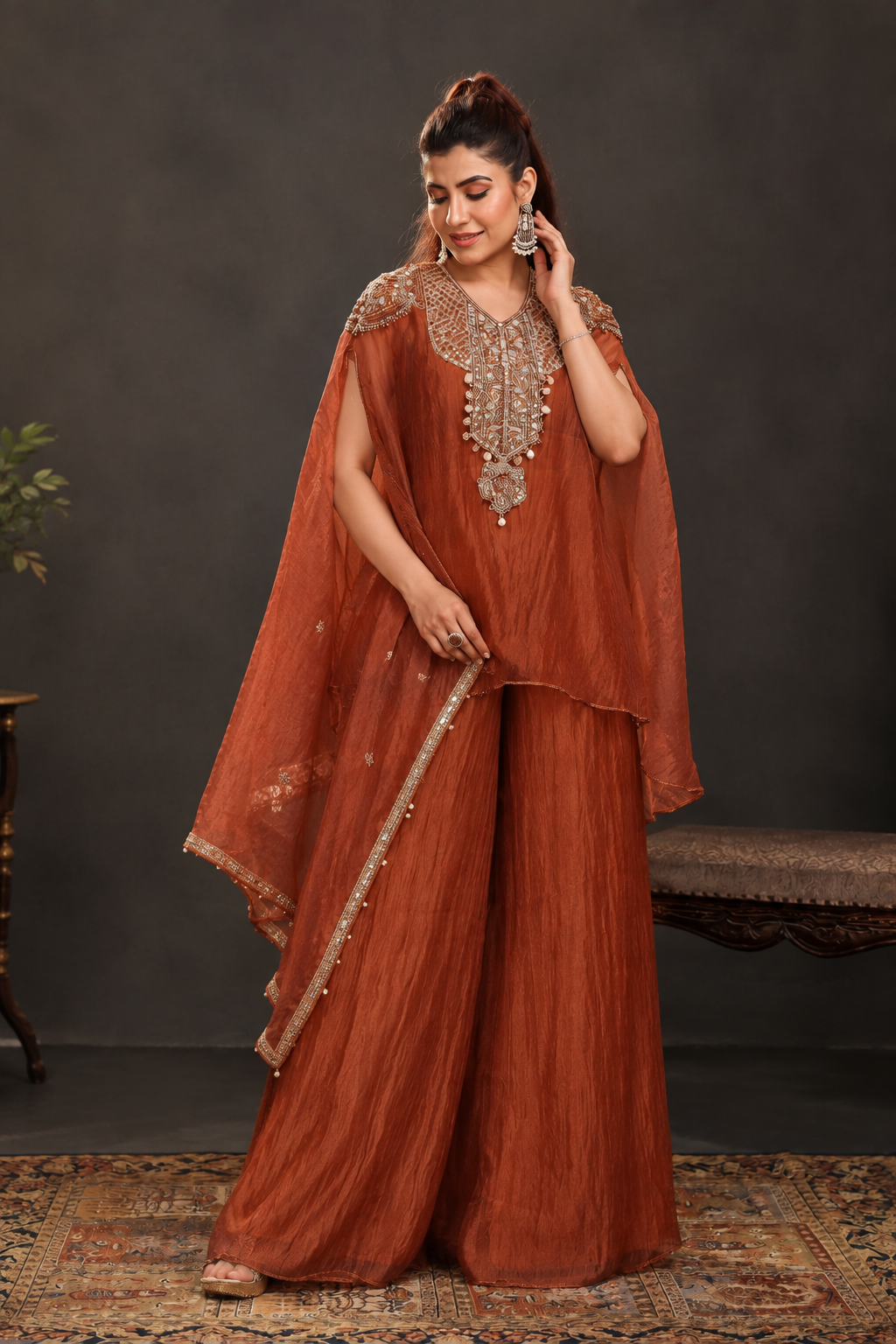 Olive Green & Rust Embellished Cape Style Palazzo Set