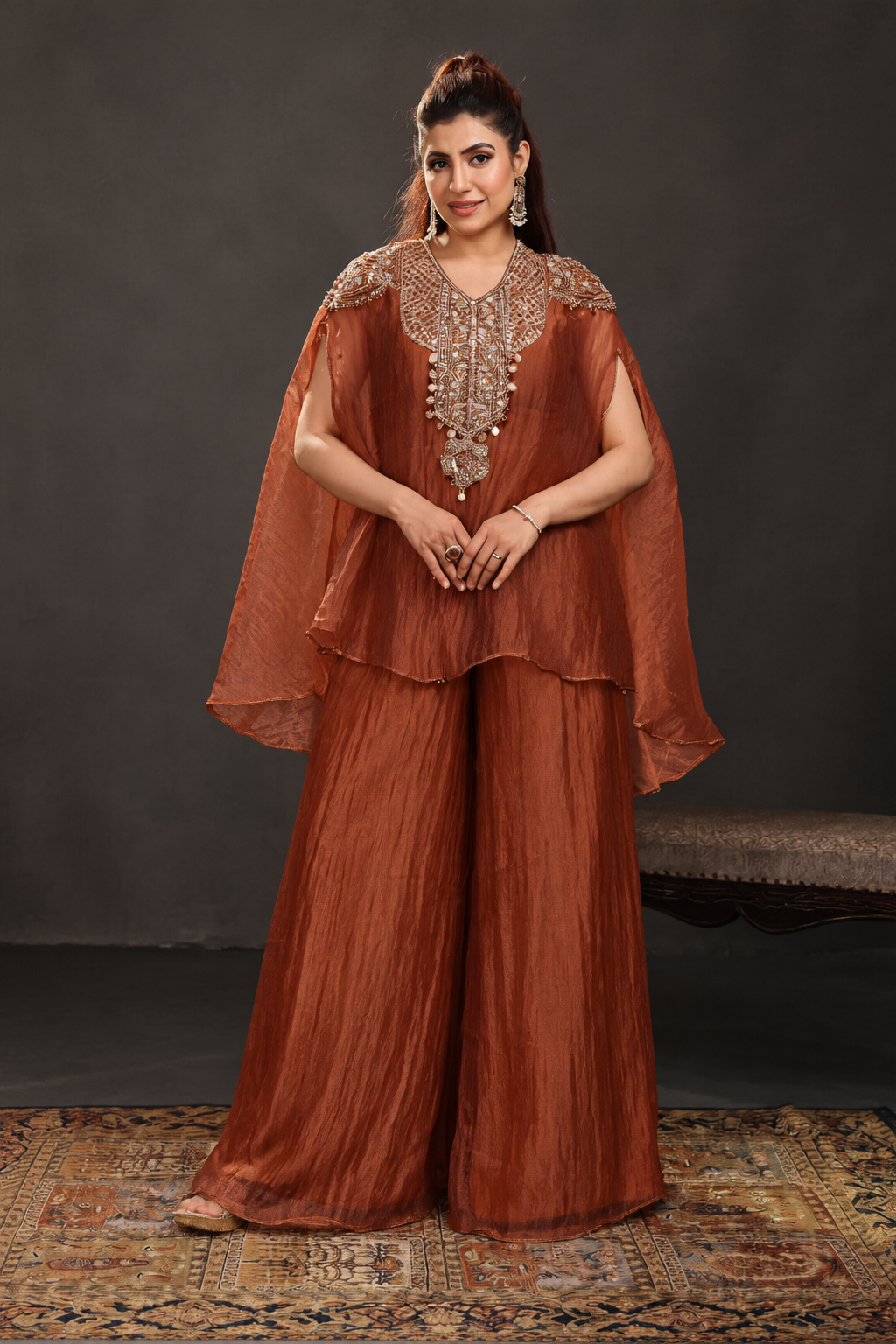 Olive Green & Rust Embellished Cape Style Palazzo Set