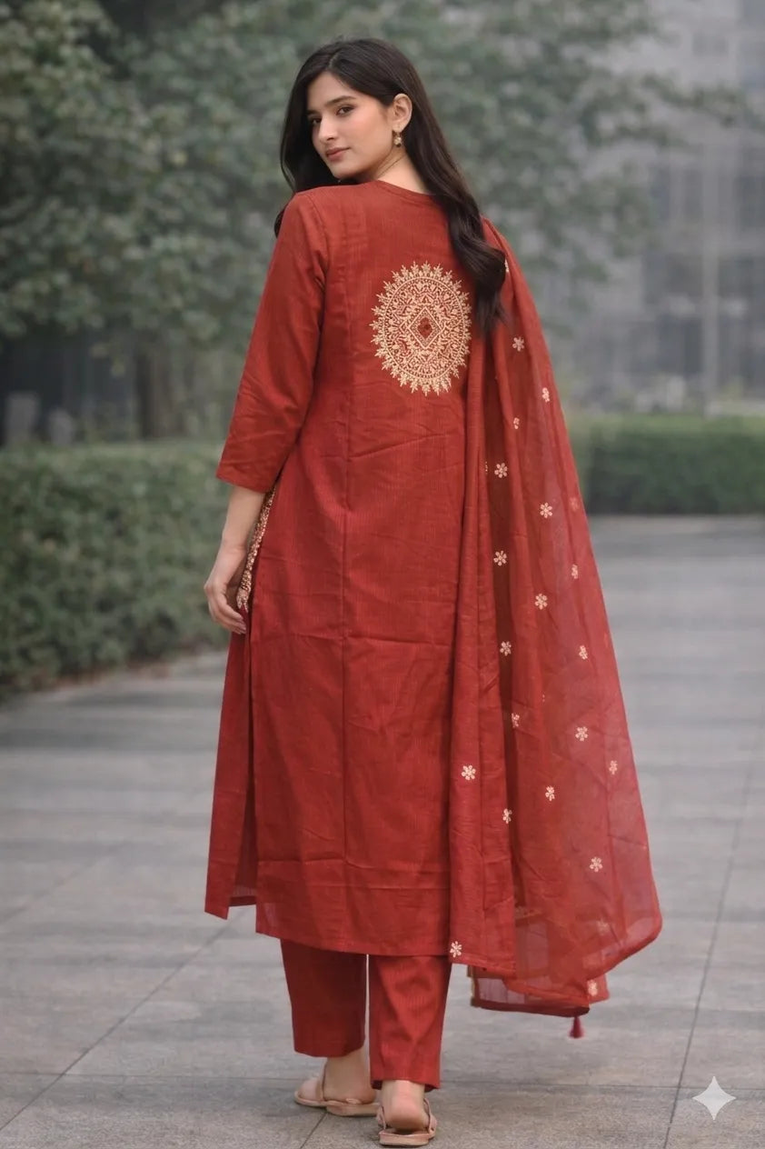 A woman wearing a Rust traditional outfit with intricate patterns outdoors.
