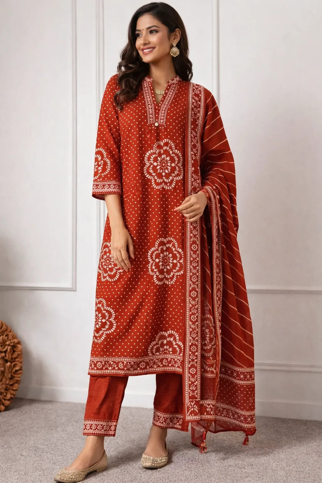A woman wearing a red and white embroidered traditional outfit against a plain background