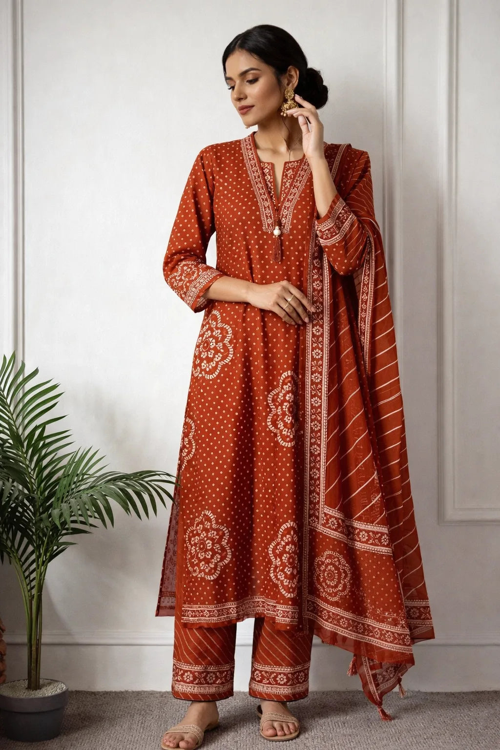 Rust Orange Bandhani Print Kurta Set with Striped Dupatta