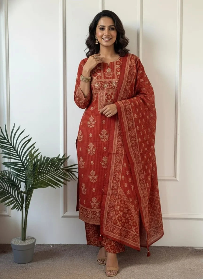 Rust Orange Ethnic Suit Featuring Traditional Block Prints