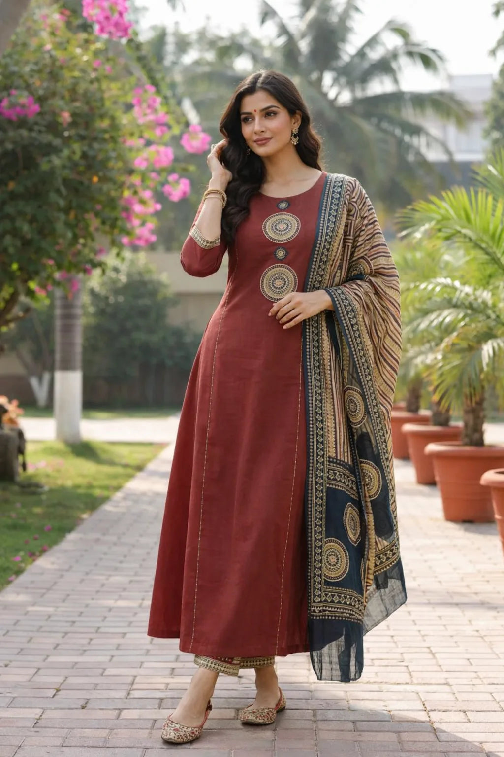 Rust Red Ethnic Gown Featuring Circular Bodice Embroidery