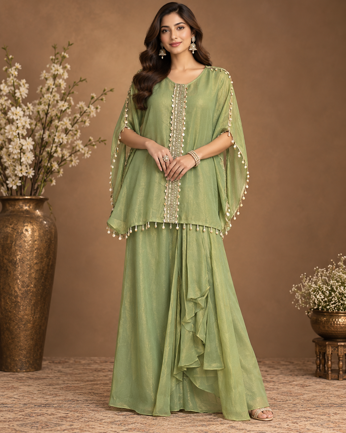 : Sage Green Embellished Palazzo Set for Women