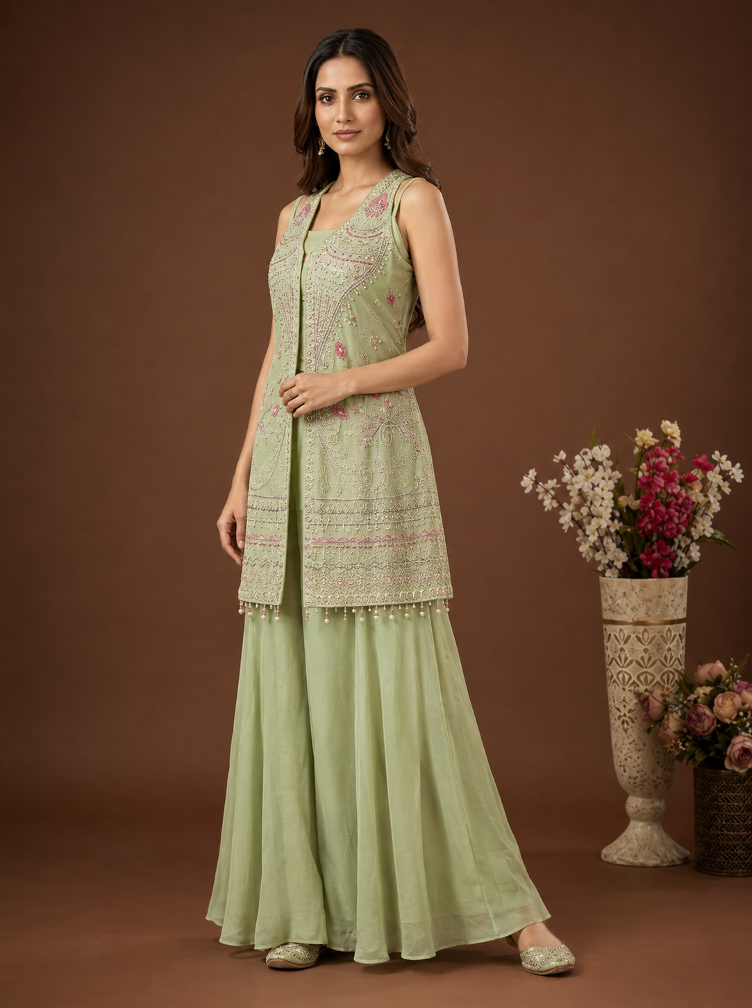 Pastel Green Embroidered Jacket Style Sharara Set