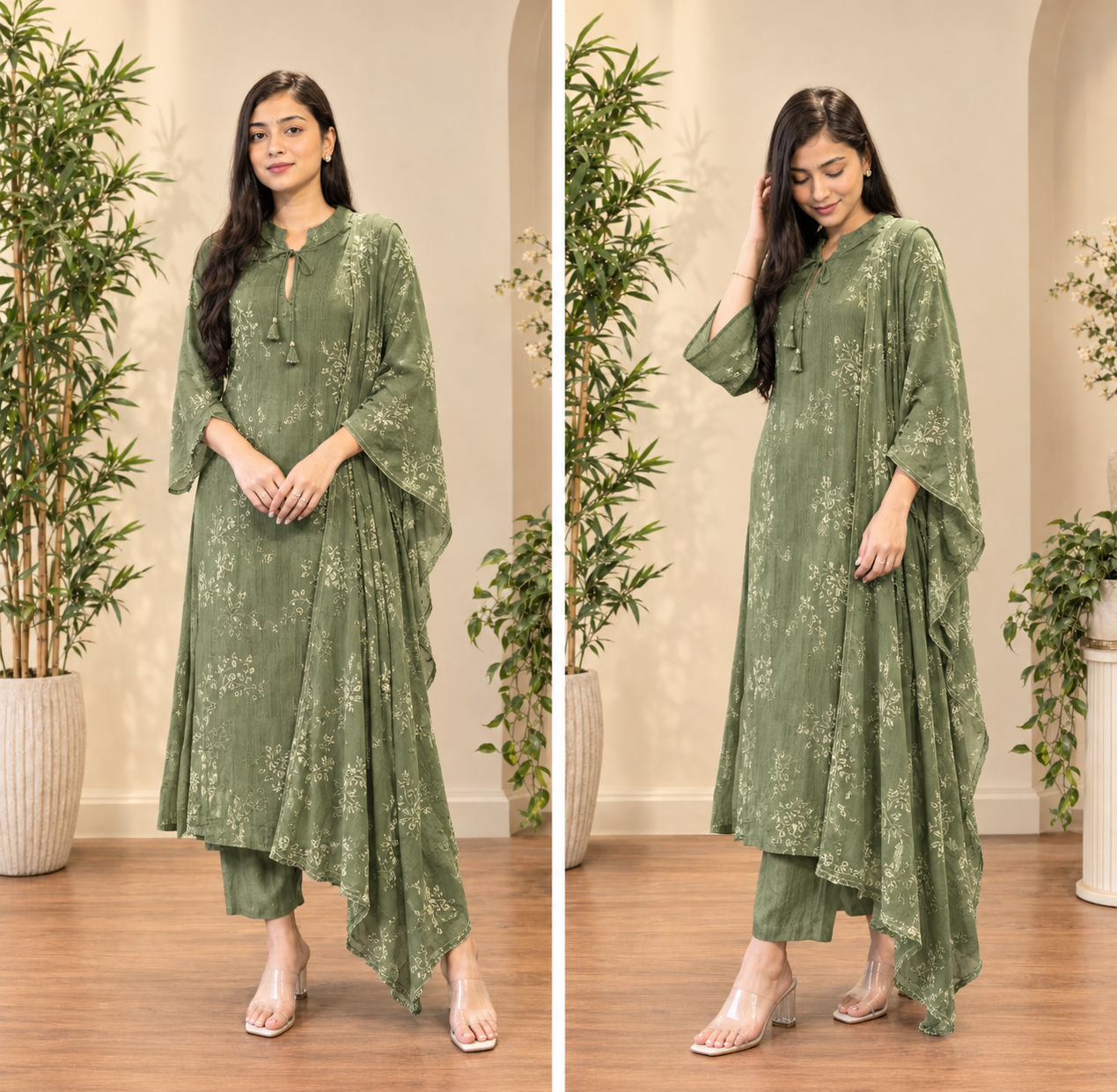 Elegant Taupe Brown Printed Kurta Palazzo Set with Dupatta