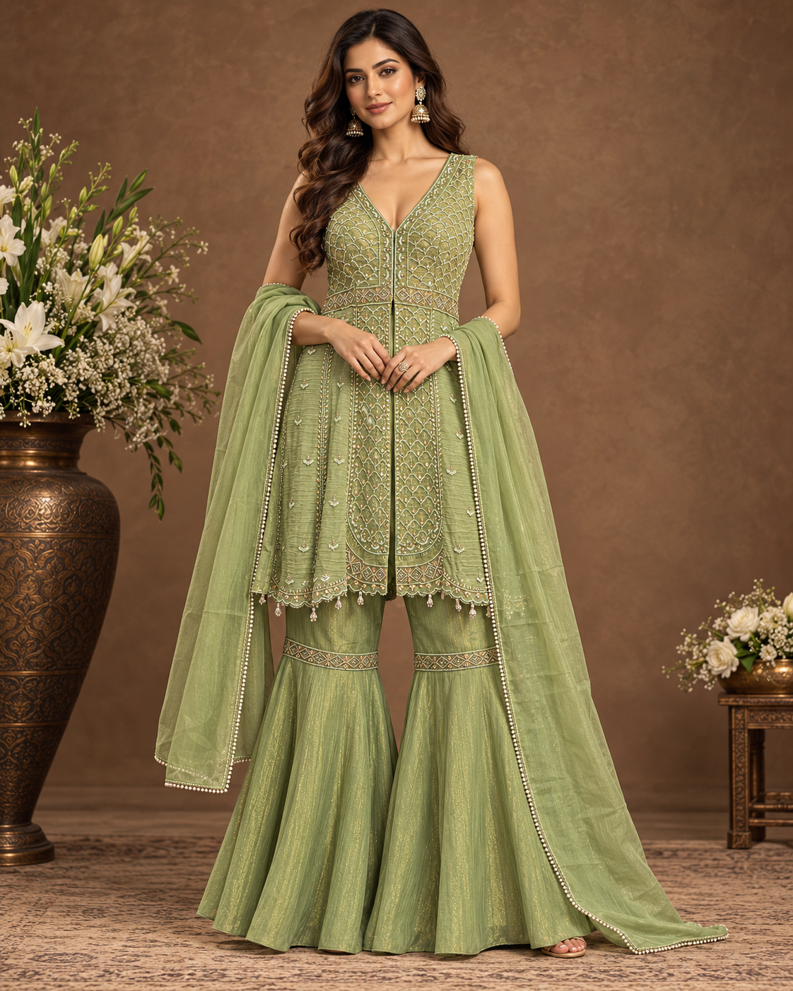 Sage Green Embroidered Sharara Set