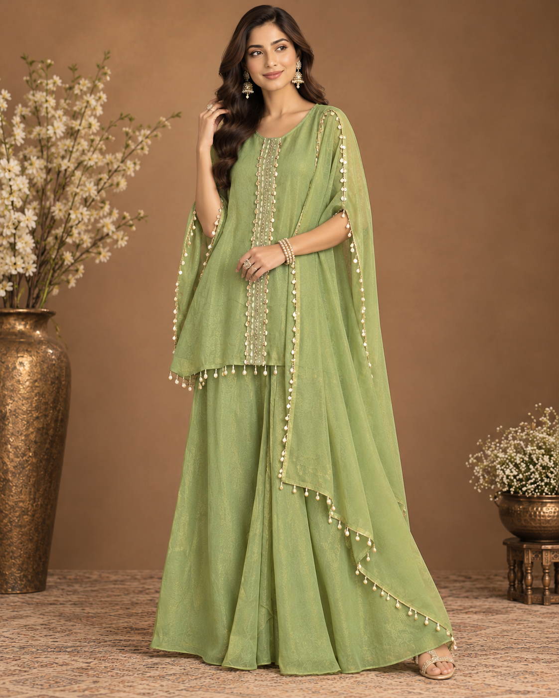 : Sage Green Embellished Palazzo Set for Women