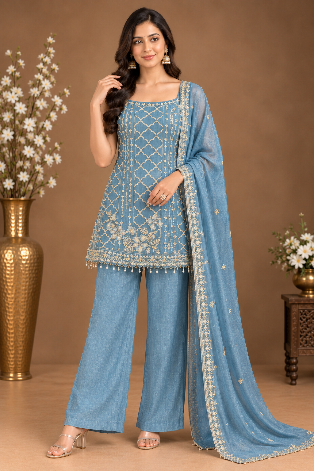 Embroidered Short Kurti Palazzo Set with Dupatta