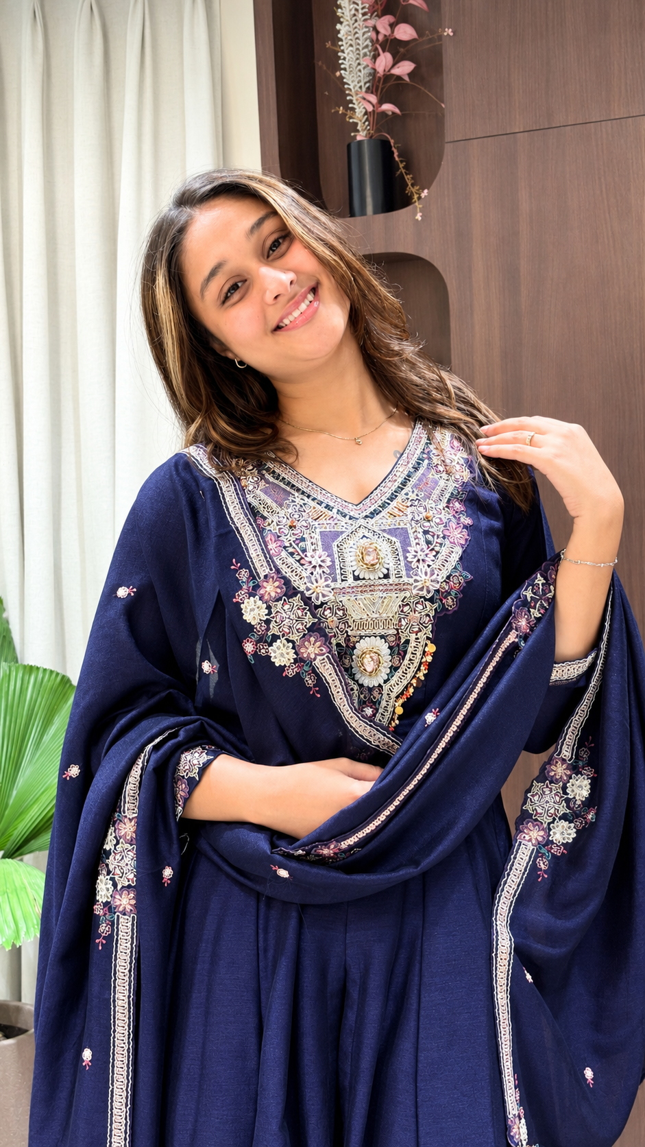 Elegant Navy Blue Embroidered Anarkali Palazzo Suit Set