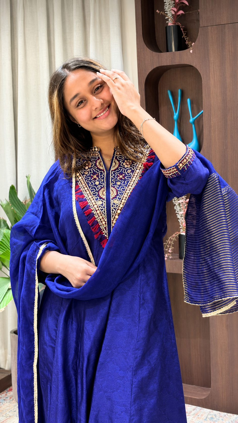 Royal Blue Embroidered Anarkali Suit Set with Dupatta