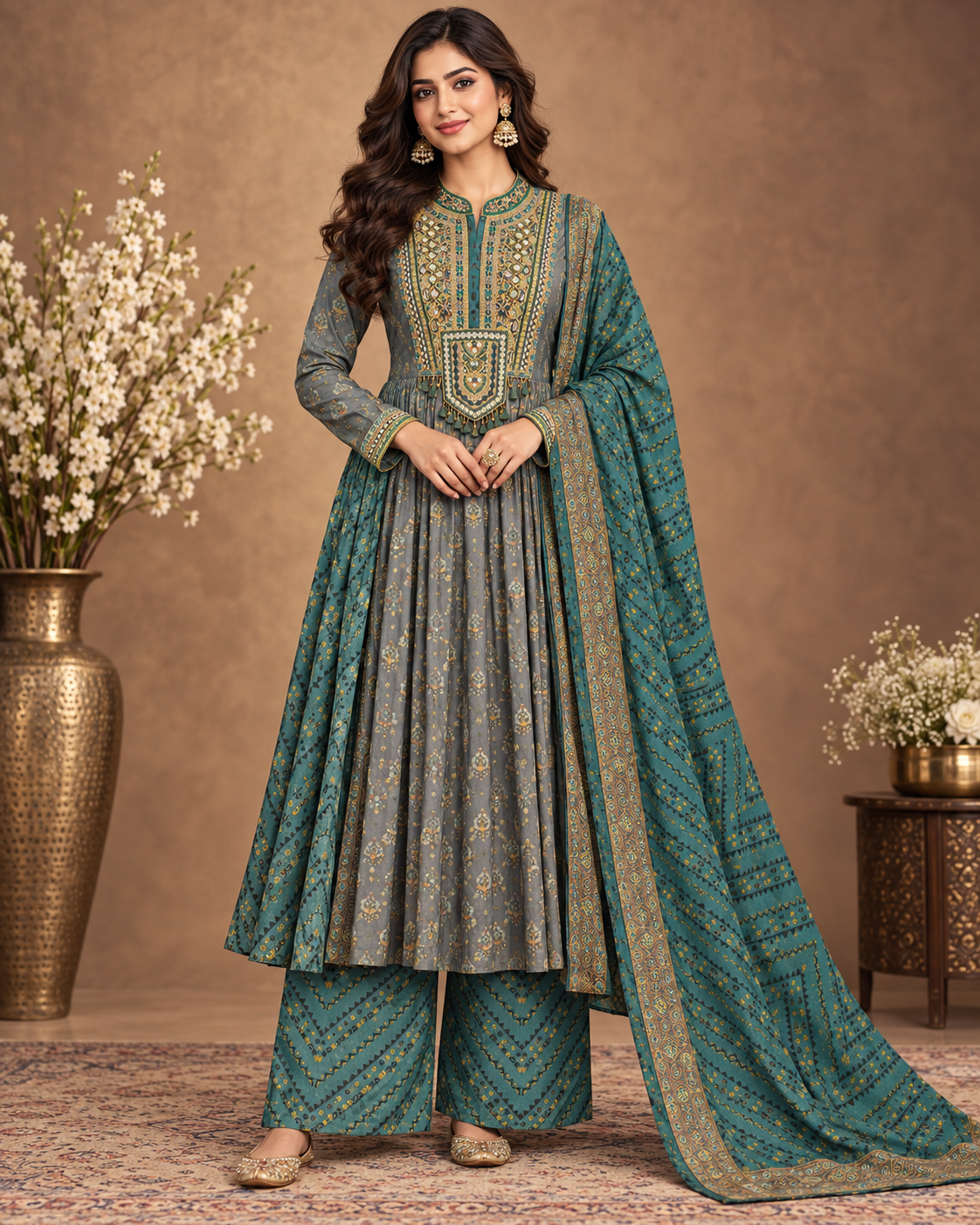 Elegant Teal Embroidered Anarkali Palazzo Set