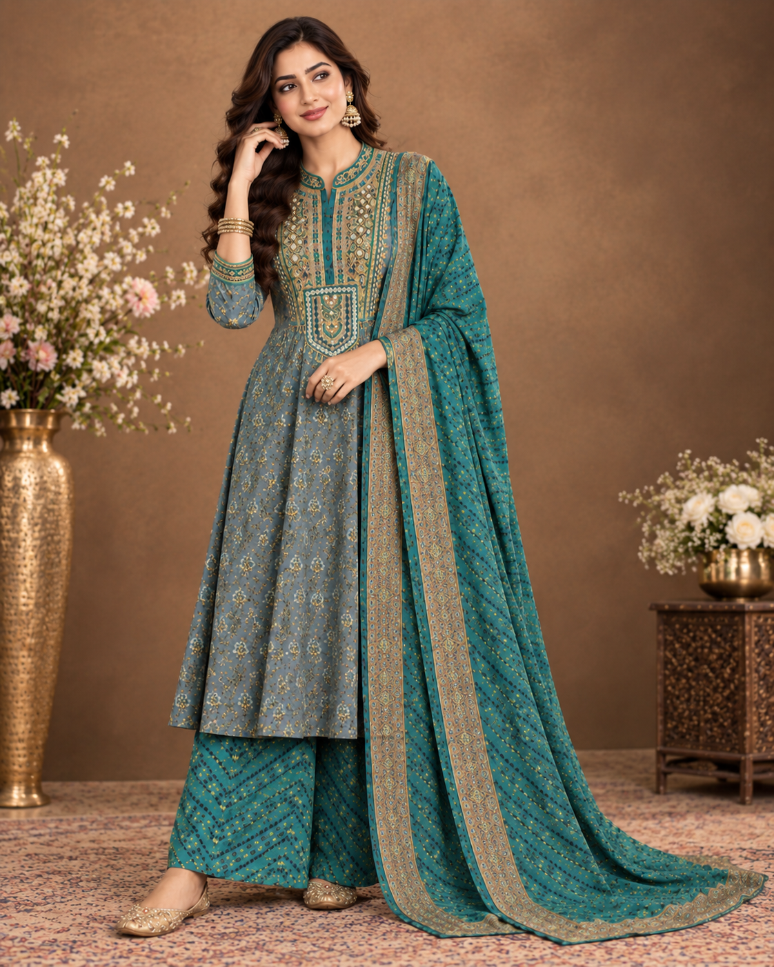 Elegant Teal Embroidered Anarkali Palazzo Set