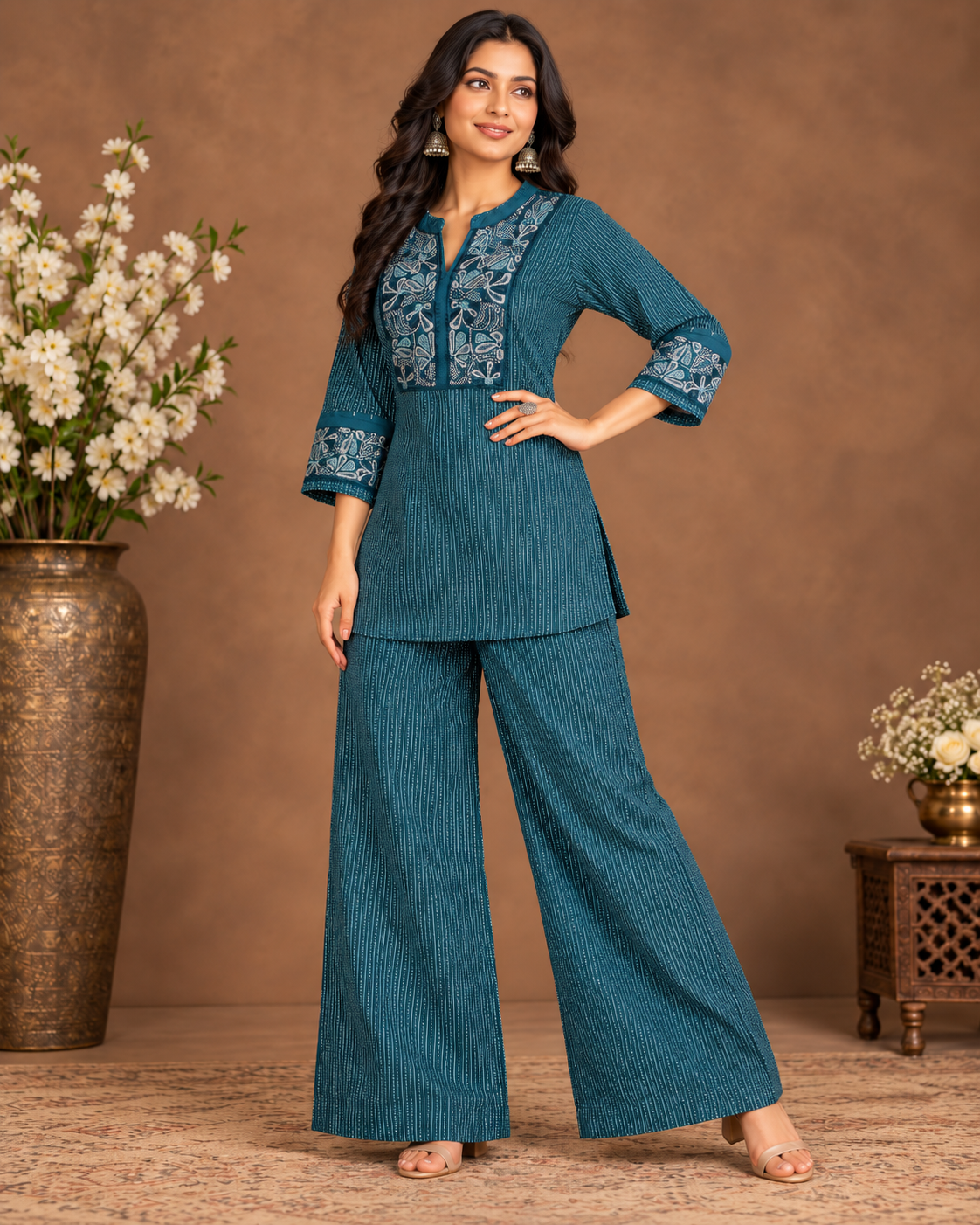 Teal Embroidered Kurta and Palazzo Co-Ord Set
