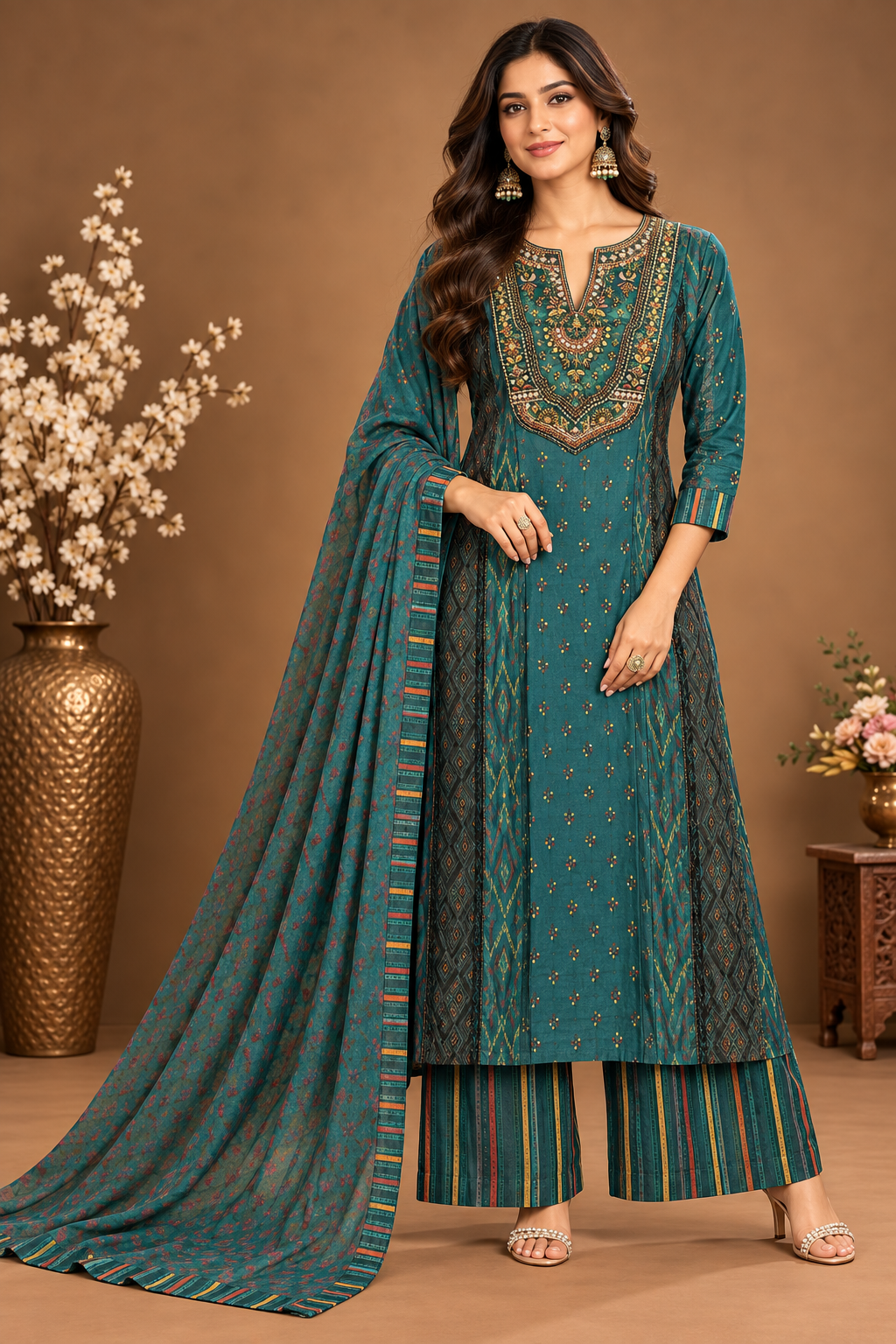 Elegant Teal Printed Palazzo Suit Set