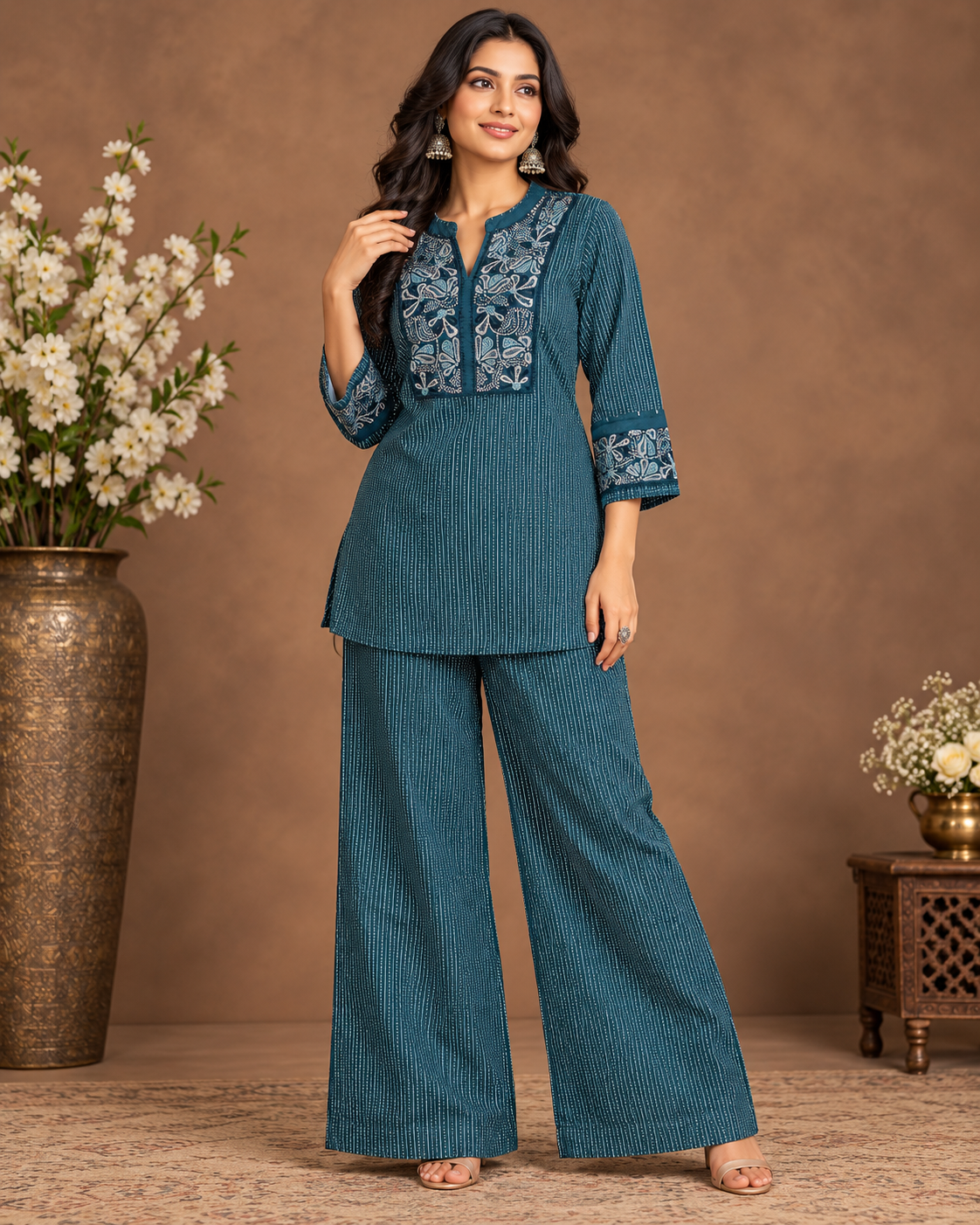 Teal Embroidered Kurta and Palazzo Co-Ord Set