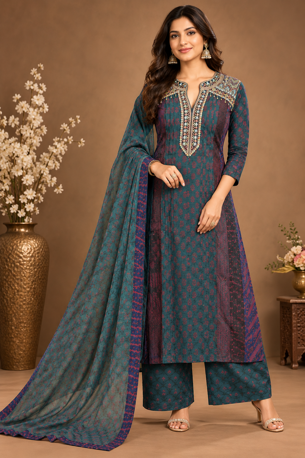 Teal Printed Kurta Palazzo Set with Dupatta