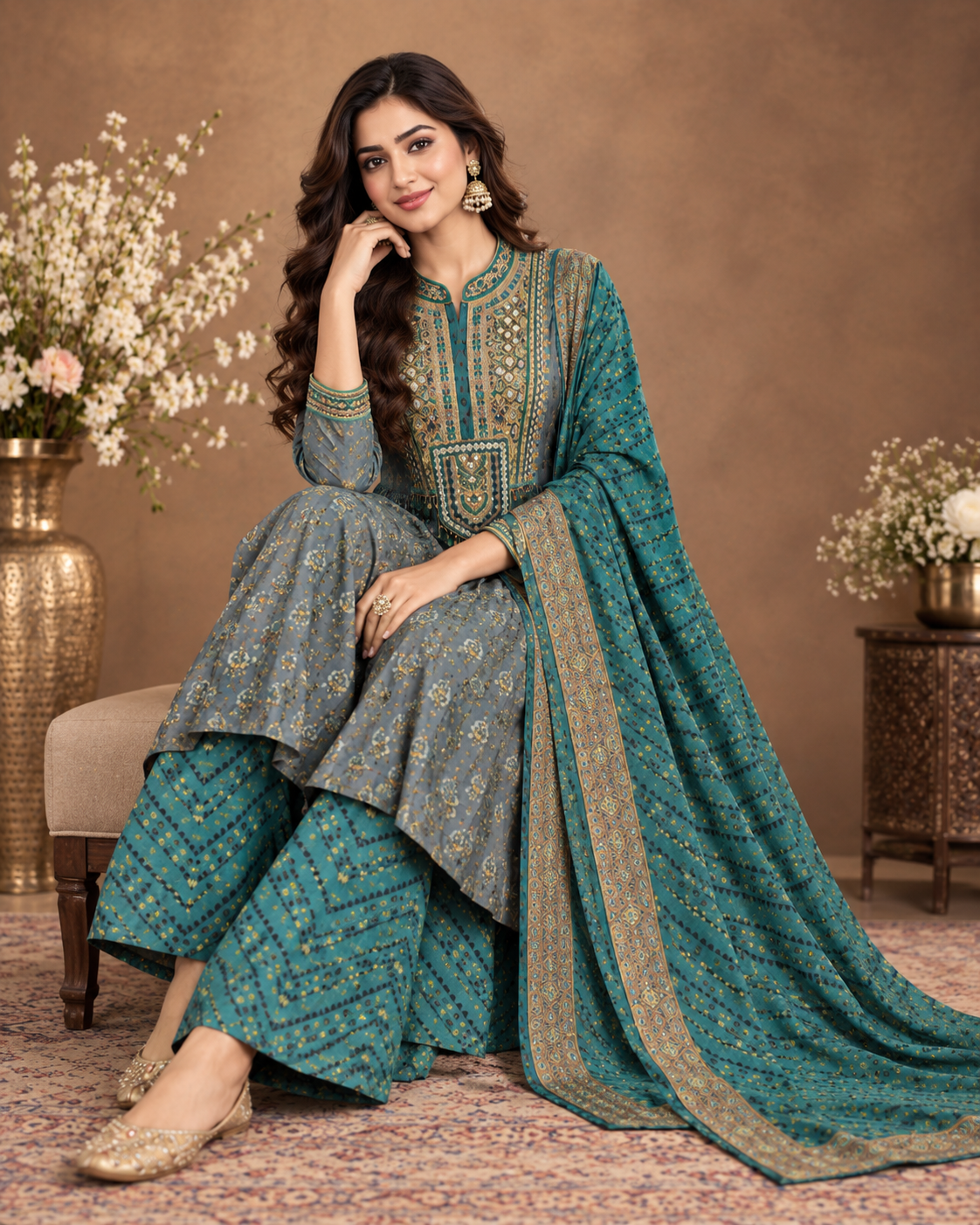 Elegant Teal Embroidered Anarkali Palazzo Set
