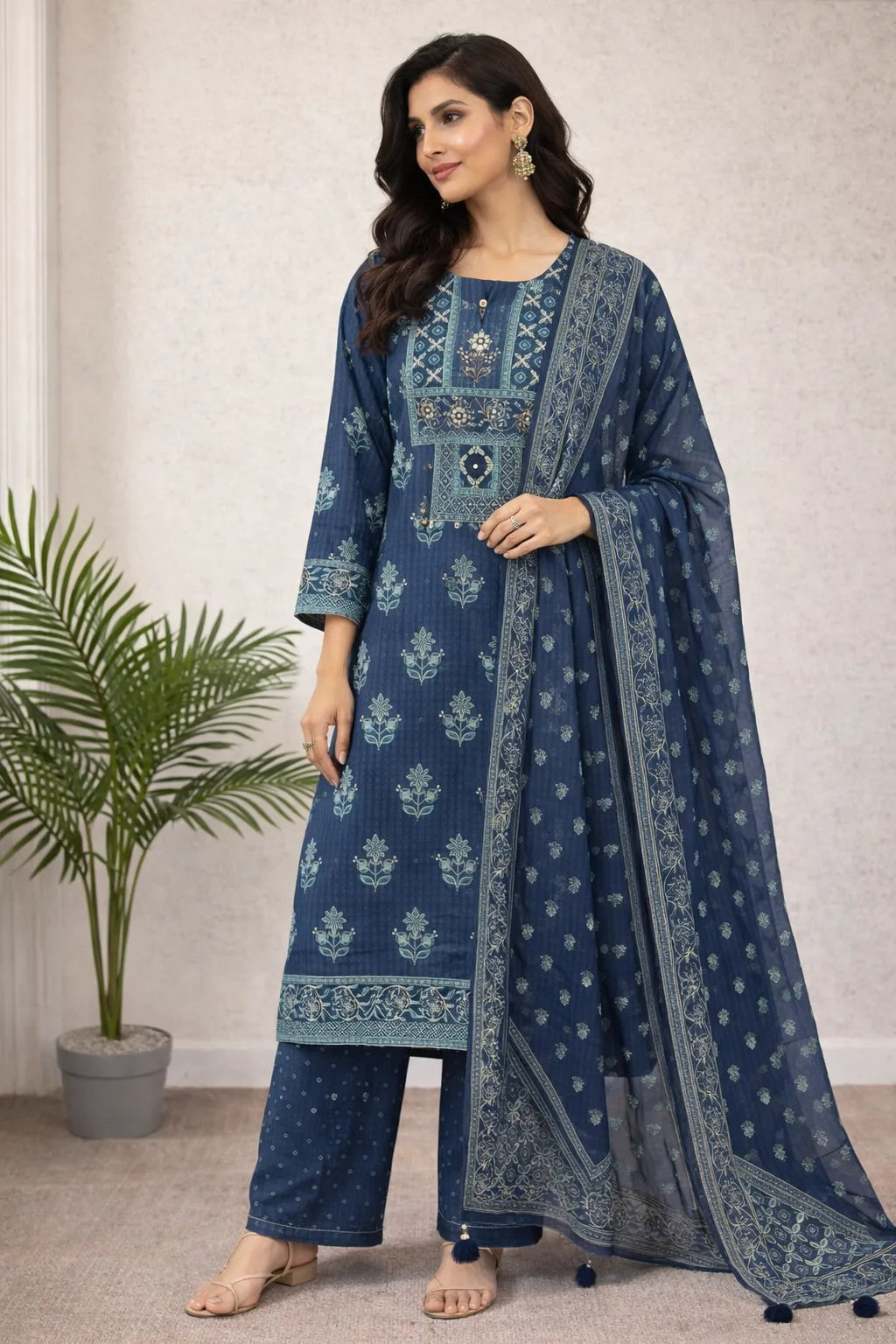 Woman wearing a navy blue ethnic suit with floral prints, matching wide-leg trousers, and dupatta.