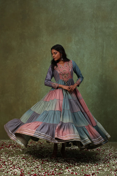 Tiered Pastel Anarkali Gown with Embroidered Bodice  Peach Petals