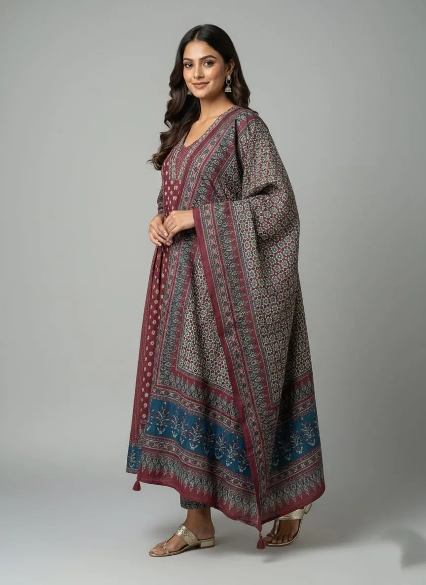 Elegant full-length patterned kurta featuring a detailed V-neckline, matching trousers, and a coordinating printed dupatta.