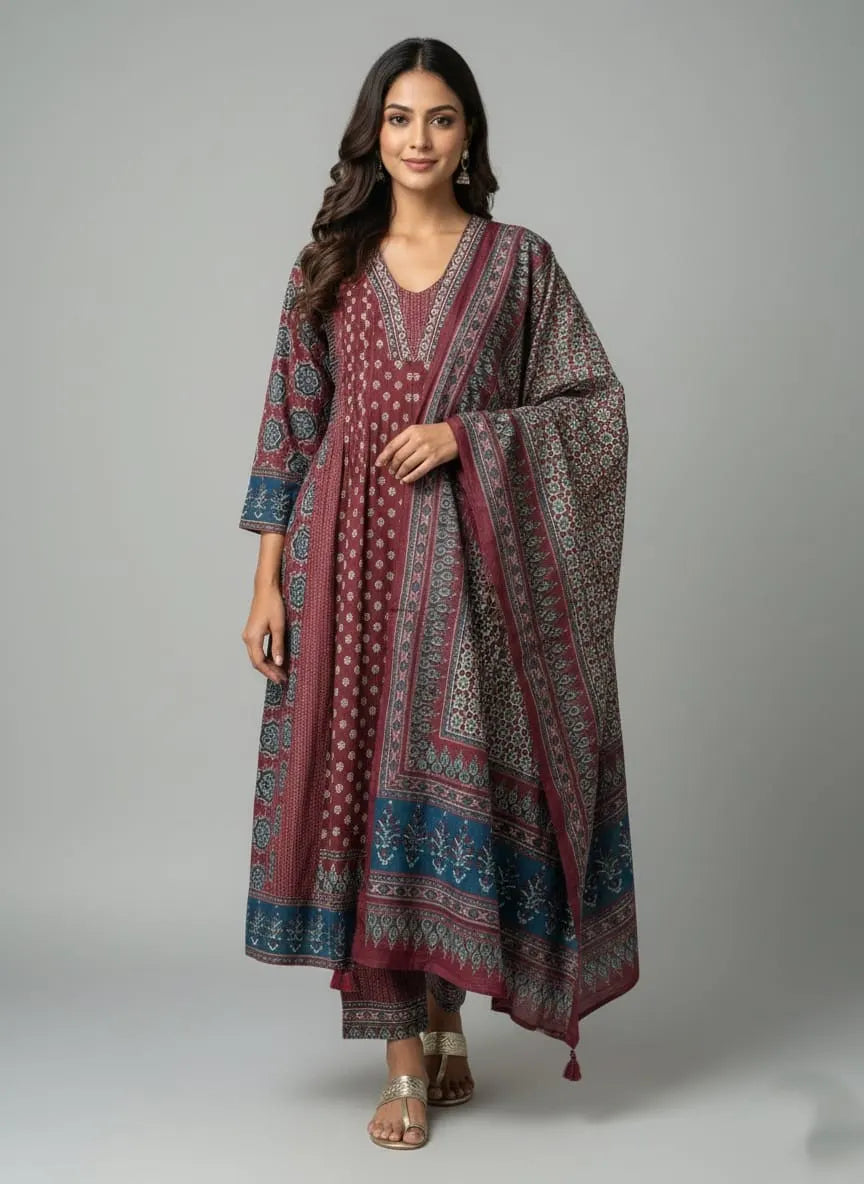 Flowing ethnic printed kurta paired with a coordinating patterned dupatta featuring detailed traditional border designs.