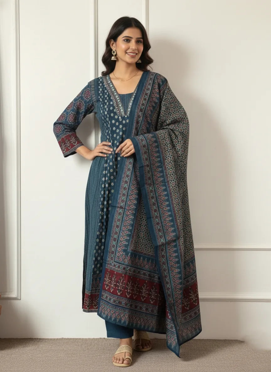 Long-sleeved patterned anarkali dress paired with a heavily printed matching dupatta and straight ethnic trousers.
