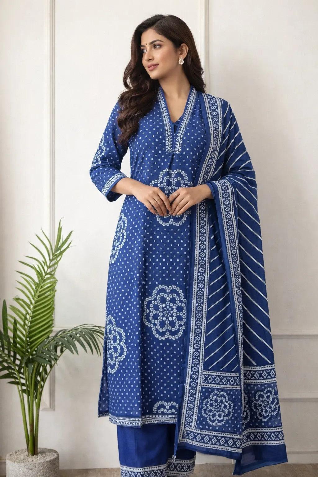 Royal blue long kurta with white geometric patterns, matching trousers, and a diagonal striped dupatta.
