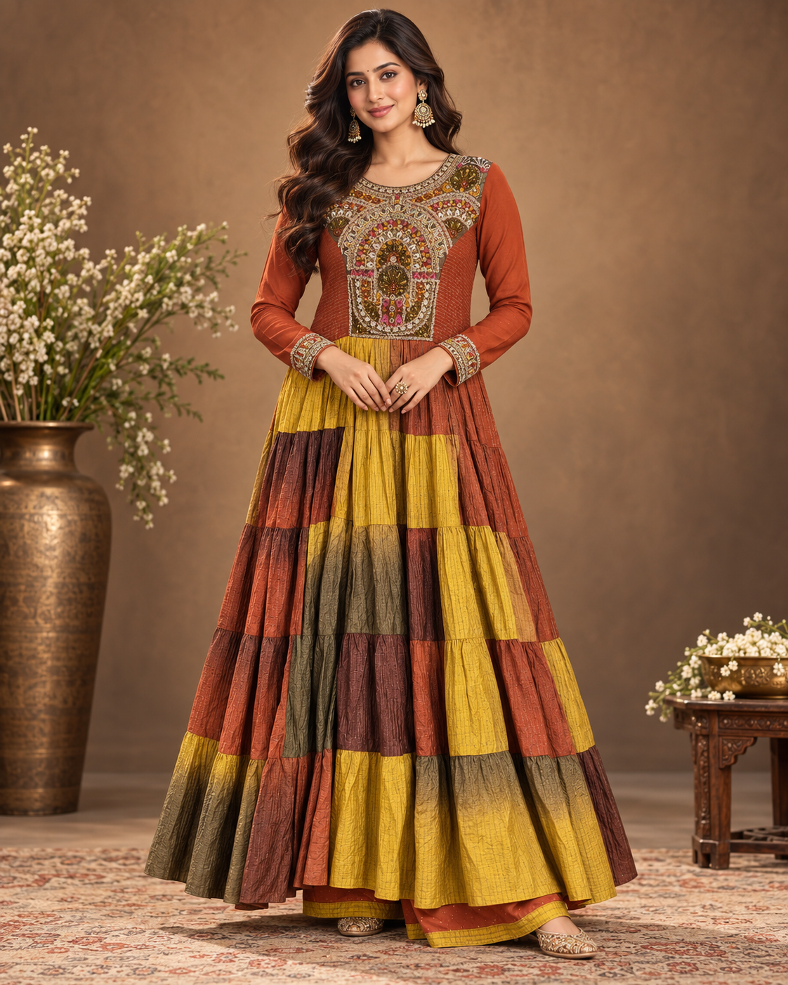 Elegant Rust & Mustard Tiered Anarkali Set