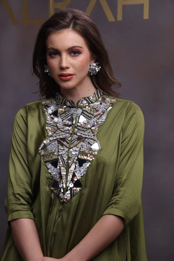 Olive Green Silk Tunic with Mirror Work & Pleated Palazzo