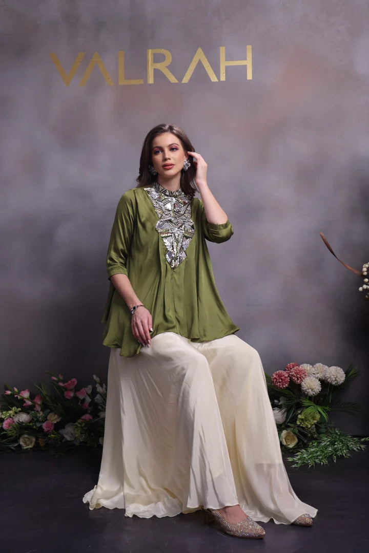 Olive Green Silk Tunic with Mirror Work & Pleated Palazzo