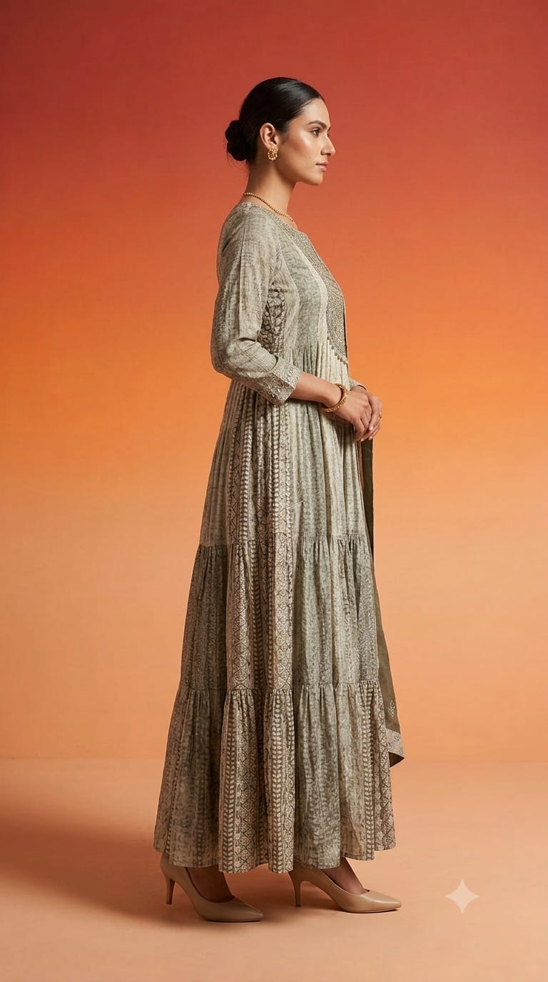 Olive Elegance Embroidered Anarkali Gown