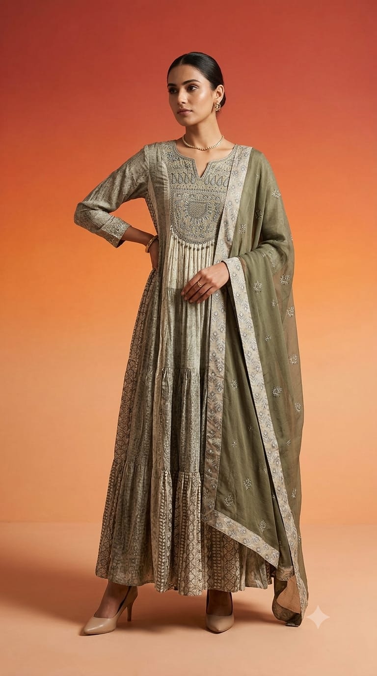 Olive Elegance Embroidered Anarkali Gown