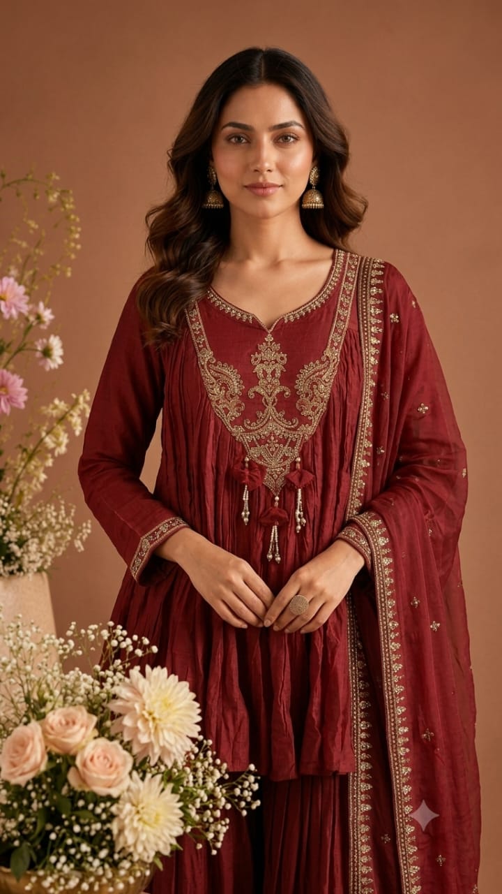 Maroon Embroidered Kurta Sharara Set with Dupatta