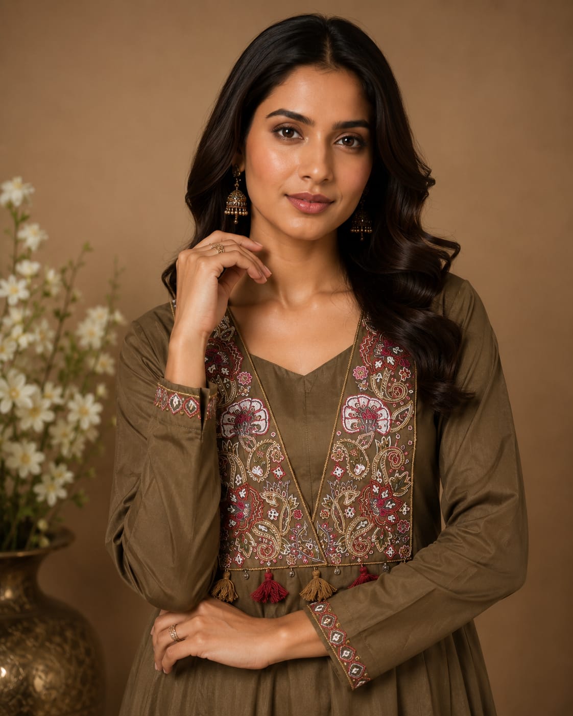 MEHNDI Embroidered Anarkali Palazzo Set with Dupatta