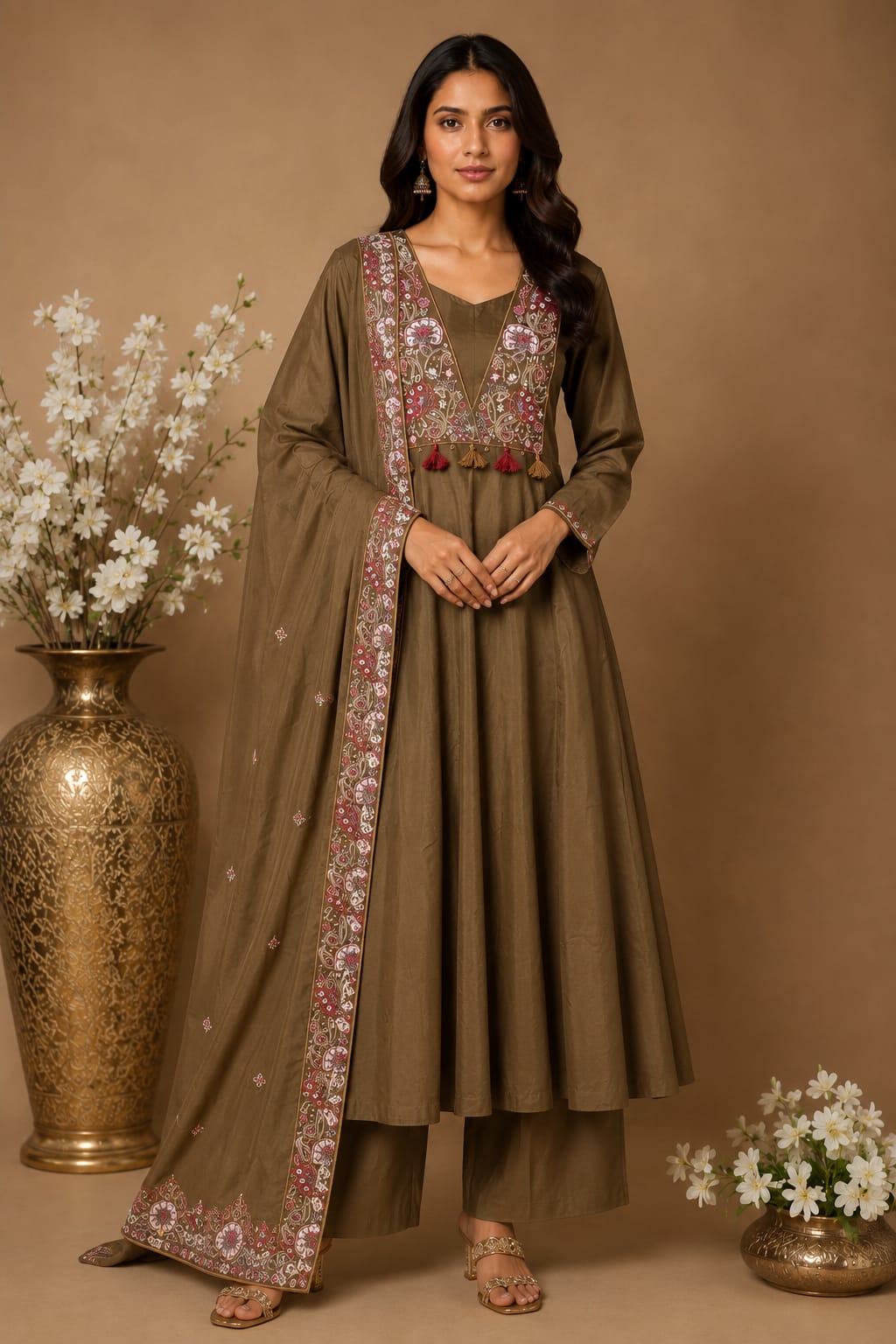 MEHNDI Embroidered Anarkali Palazzo Set with Dupatta