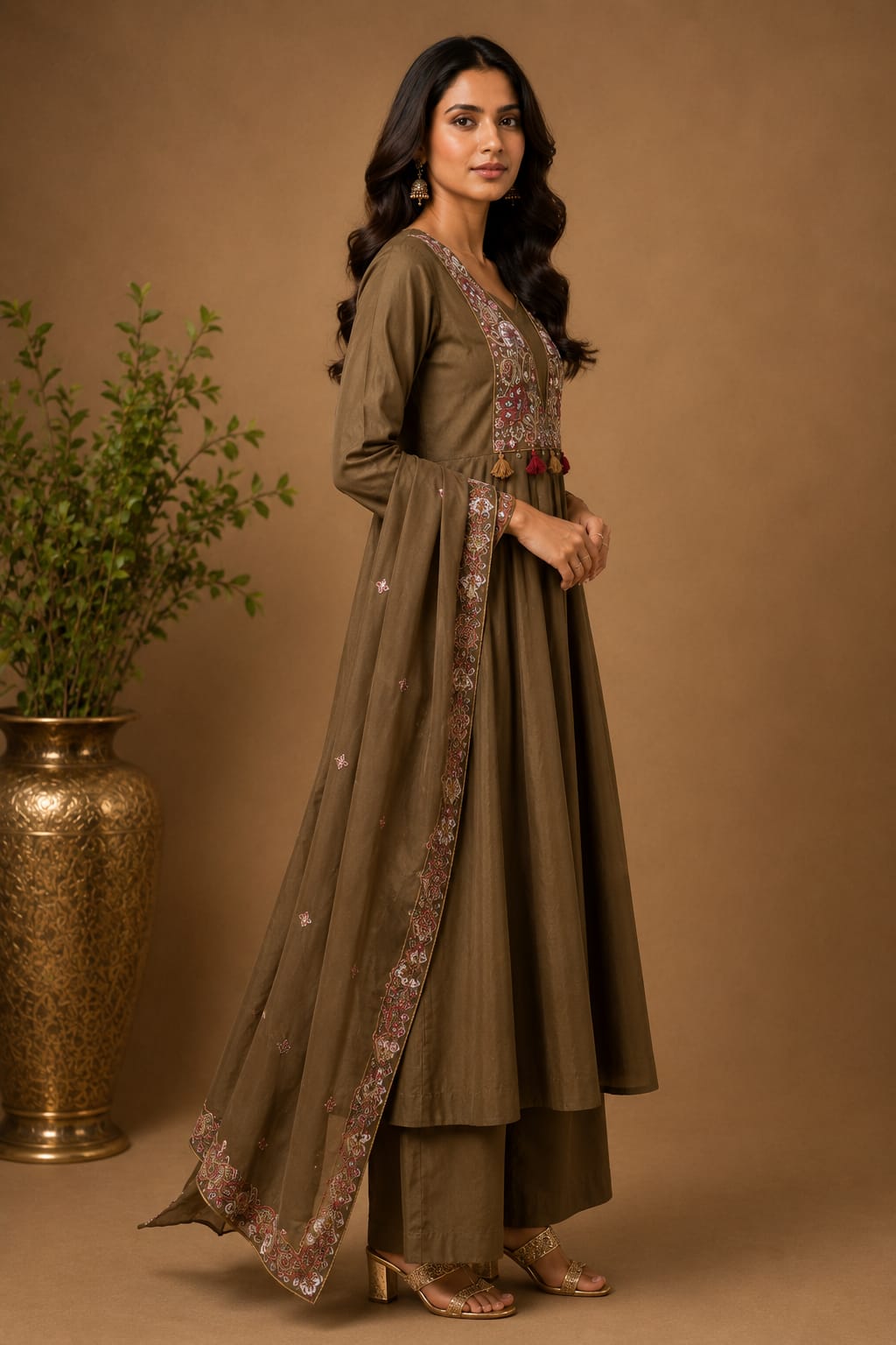 MEHNDI Embroidered Anarkali Palazzo Set with Dupatta