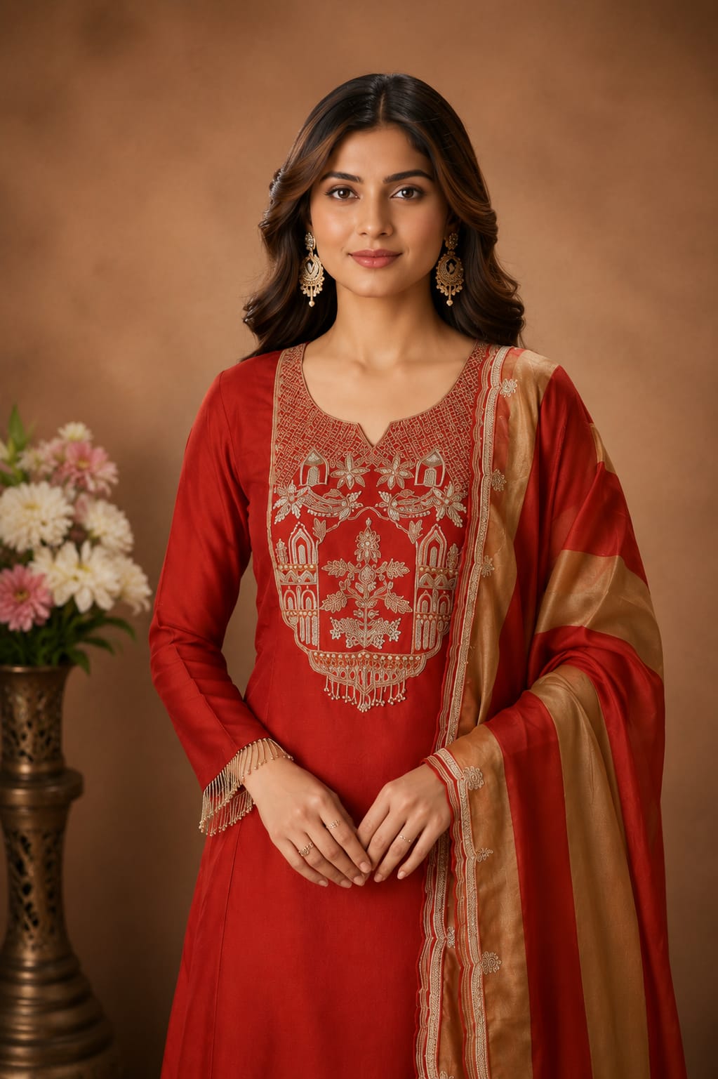 Red Embroidered Kurta Set with Dupatta