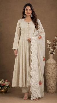 Ivory Embroidered Anarkali Kurta Set with Dupatta